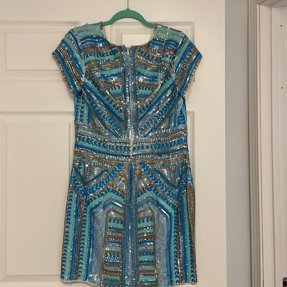Parker heavily beaded embellished sequin  vneck turquoise blue mini dress NWT - Picture 3 of 5